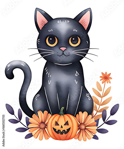 A black cat with big yellow eyes sits near a jack-o-lantern pumpkin decorated with autumn leaves and flowers. Watercolor style Halloween PNG illustration.