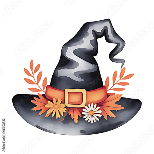 Witch hat decorated with autumn leaves and wildflowers for Halloween. Watercolor style PNG illustration for Halloween.