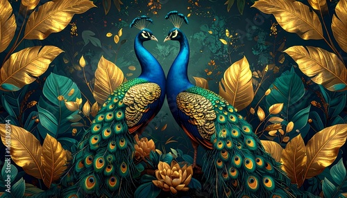 Two peacocks facing each other amidst gold and green foliage