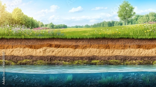 Cross-section of earth, showing soil layers and riverbed