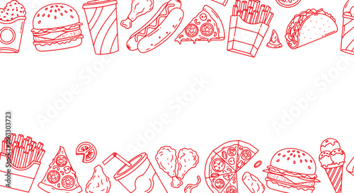 fast food border for menu design or restaurant branding, vector line art