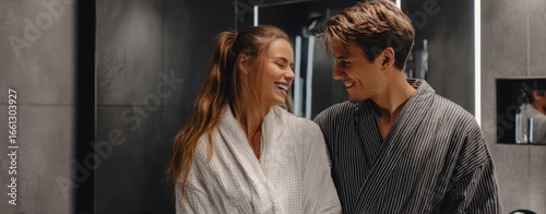 The Couple in Robes Sharing a Playful Romantic Moment in a Modern Spa Hallway