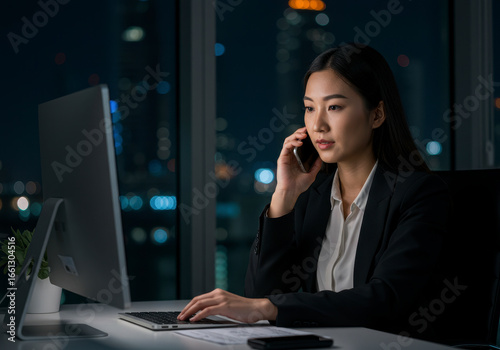 Young Asian businesswoman works late on a computer while talking on the phone