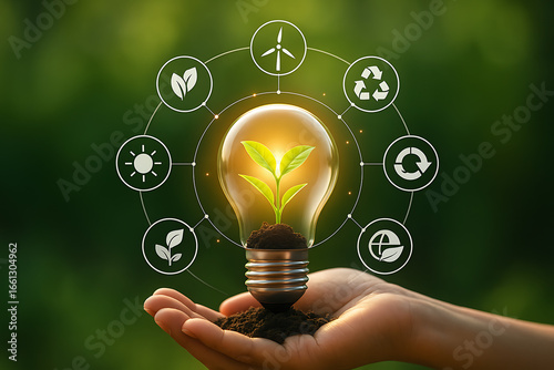 Hand holding light bulb with green plant and eco friendly icons around it