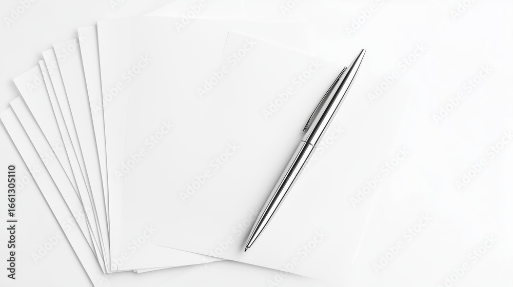 Naklejka premium Blank sheets and silver pen arranged neatly on a white surface for writing tasks or creative projects