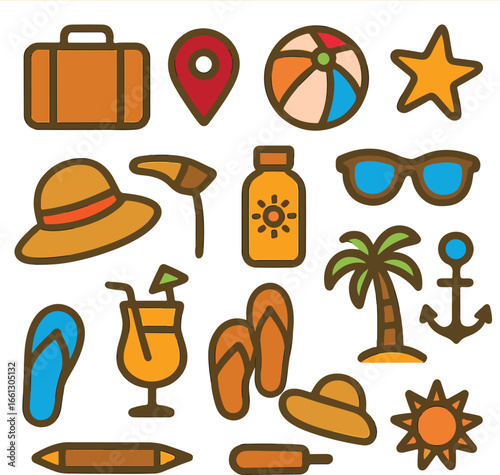 Summer vacation icons evoking warm beach vibes, perfect for travel promotions and holiday designs, getaways here