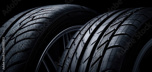 The close-up view of high-performance tires showcasing intricate tread designs.