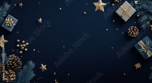 Festive Christmas arrangement on navy blue background.  Gold stars, pinecones, and small gift boxes decorate the borders of a dark navy blue surface, scattered with gold glitter