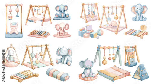 Cute pastel watercolor illustration set of baby play gyms, elephants, rattles, cushions, and toys designed for newborn and toddler activities.