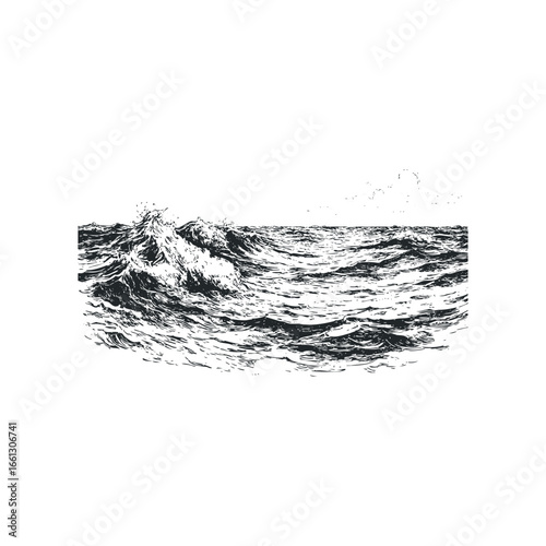 Rough ocean waves with spray captured in a dynamic black and white sketch