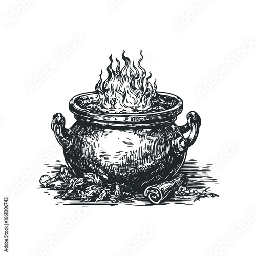 Antique Cauldron with Flames and Herbs on White Background