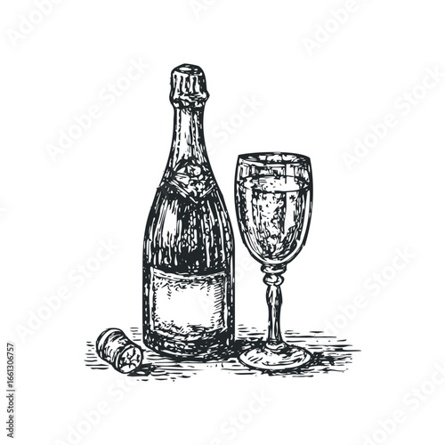 Drawn Bottle With Glass of Wine and Cork Illustration
