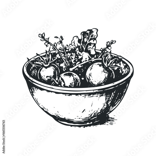 Hand-drawn sketch of a bowl filled with fresh produce like tomatoes and greens
