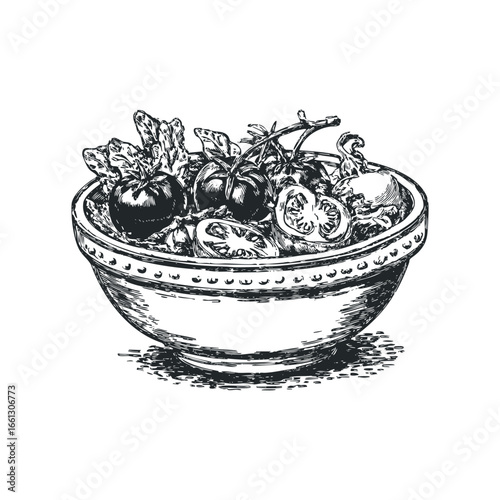 Hand Drawn Sketch of Ripe Tomatoes and Greens in a Decorative Bowl