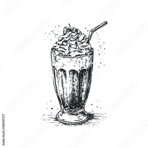 Whimsical sketch of a frothy beverage in a tall glass with a straw and cherry topping