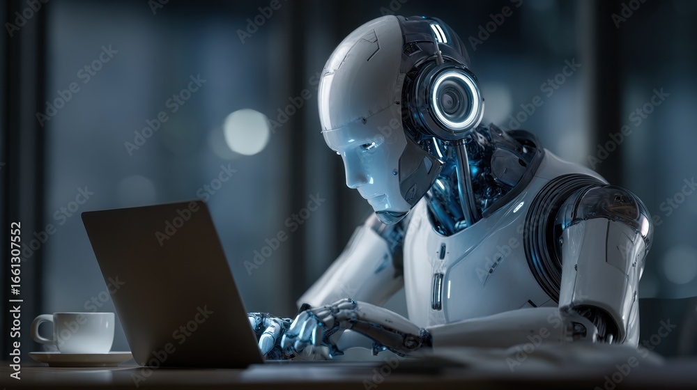 Fototapeta premium Robot working on laptop at night