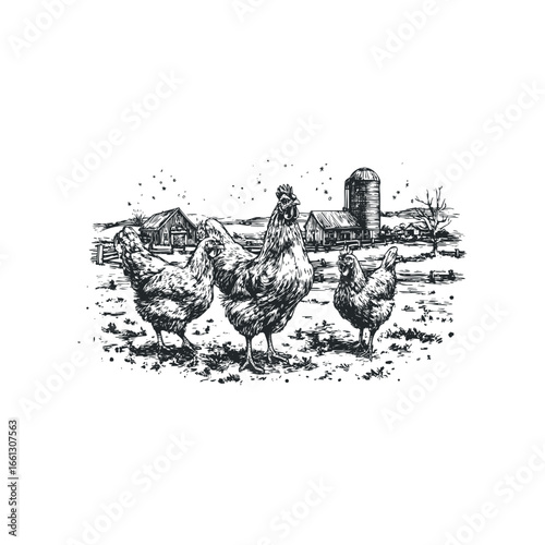 Farmyard scene with rooster and hens standing in grassy field near barns and silo
