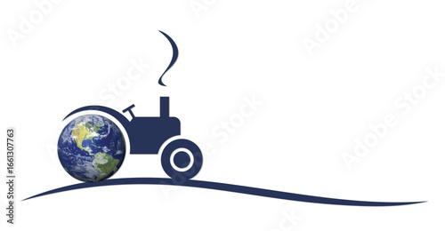 Retro tractor symbol with a globe.
