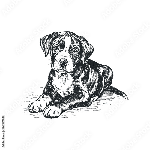 Hand Drawn Sketch of a Young Harlequin Great Dane Puppy Lying Down