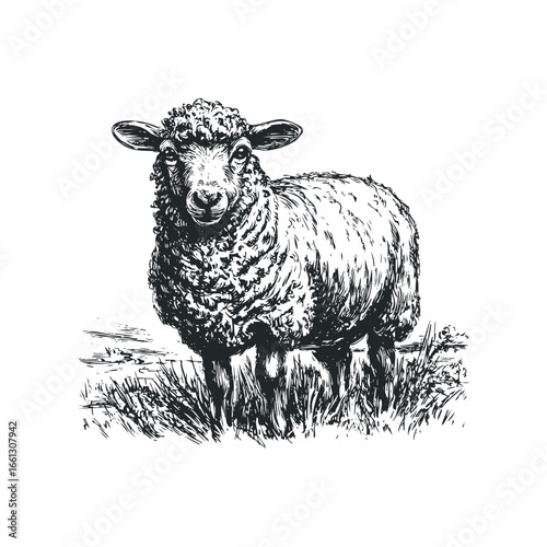 Sketch of a woolly sheep standing in grassy field