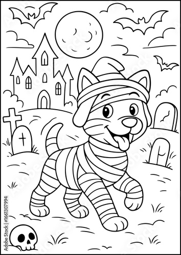 Coloring page halloween, Dog mummy walks playfully in a spooky graveyard.