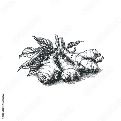 Detailed Sketch of Fresh Ginger Root with Leaves