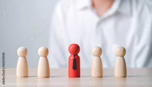 Red pegman among wooden figures representing team roles