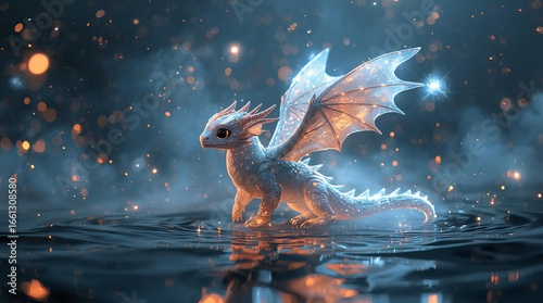 Glowing Baby Dragon Fantasy Art Magical Creature in Sparkling Water