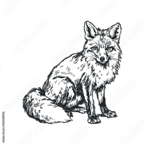 Detailed ink sketch of a sitting fox with a bushy tail against a white background