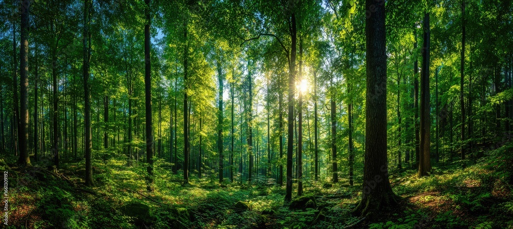 Fototapeta premium Lush green forest with sunlight filtering through tall trees (1)