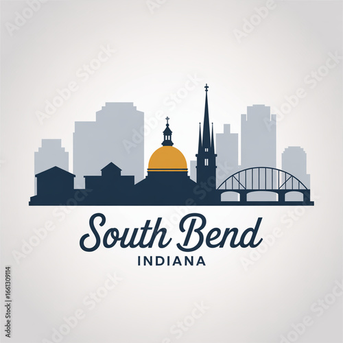 South Bend Skyline Silhouette — Indiana City with University of Notre Dame Landmark Vector Illustration