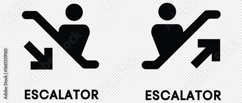 Escalator icon. Person standing on moving staircase with upward and downward arrows vector illustration. Public transport in malls and airports symbol. Automated stairway sign. 