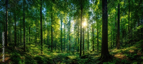 Lush green forest with sunlight filtering through tall trees (1)