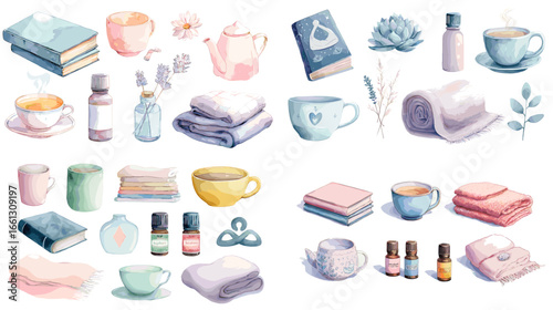 Watercolor spa and wellness illustration set with tea cups, books, towels, candles, oils, skincare bottles, and plants for relaxation and self-care themes.