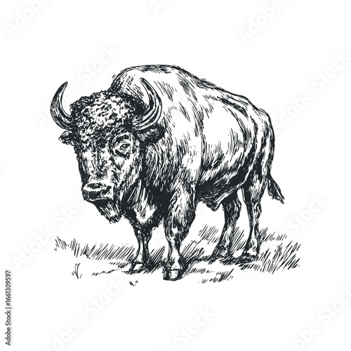 Pencil sketch of a majestic bison standing in grassy field