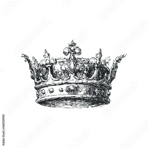 Detailed ink sketch of a royal ornate crown adorned with jewels on white background
