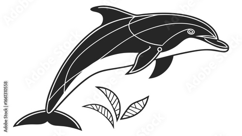 Striking black and white vector illustration of a leaping dolphin with intricate line details and decorative leaves