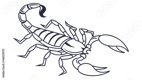 Stylized scorpion illustration featuring a segmented body, prominent claws, and curled stinger in a detailed line art design