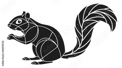 Stylized squirrel illustration in black and white with geometric shapes and detailed bushy tail design for nature lovers