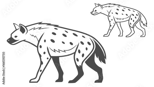 Two stylized hyenas with spotted coats in black and white vector illustration for wildlife and safari themes