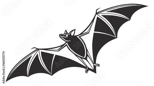 Vector illustration of a bat with its wings spread wide, creating a spooky and Halloween-themed graphic design element against white background