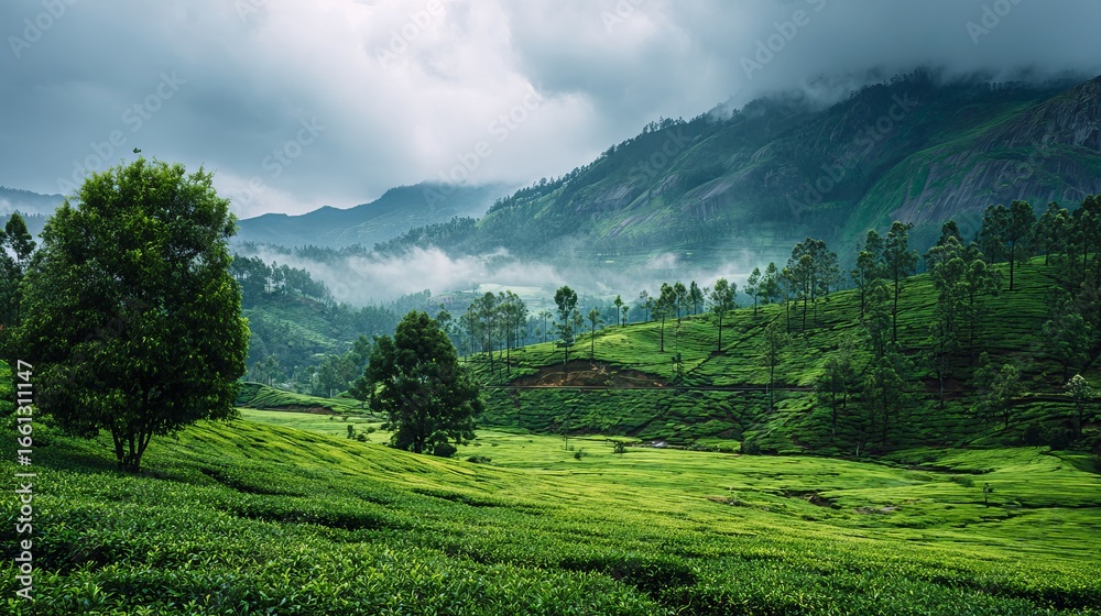 custom made wallpaper toronto digitalLush vibrant green tea plantation cascading down misty mountains with lush foliage and serene atmosphere