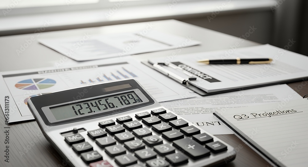 Calculator and Financial Documents on Desk for Business Analysis and Q3 Projections Calculator and Financial Documents on Desk for Business Analysis and Q3 Projections