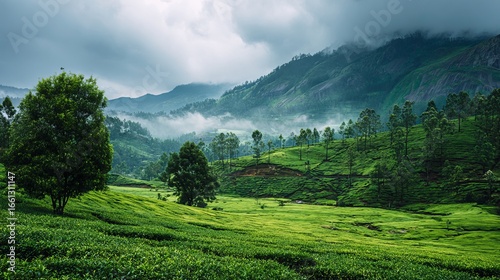 Wallpaper Mural Lush vibrant green tea plantation cascading down misty mountains with lush foliage and serene atmosphere Torontodigital.ca