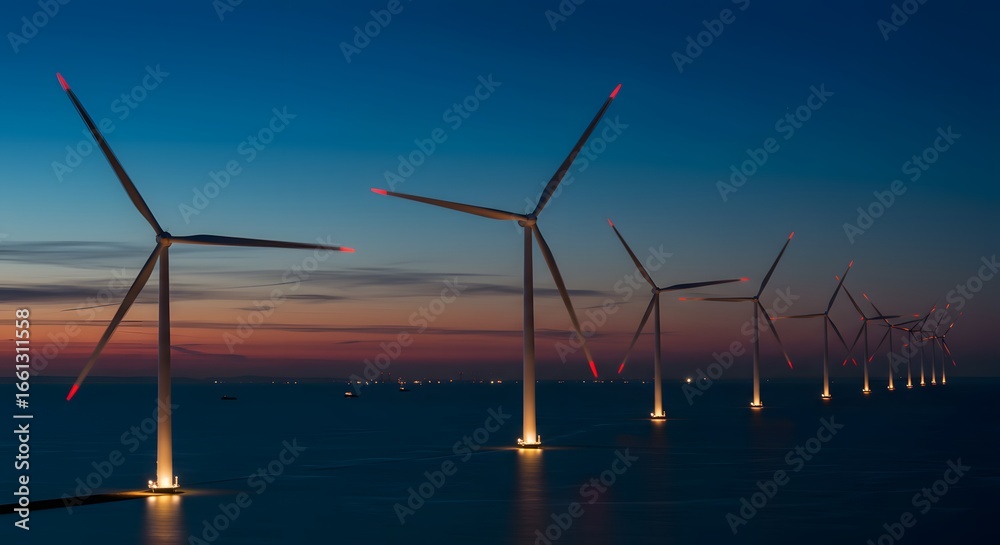Fototapeta premium Illuminated Offshore Wind Farm at Twilight: A Vision of Renewable Energy