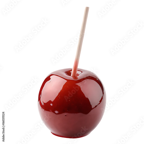 Glossy Red Candy Apple on a Wooden Stick caramel apple fruit isolated on a transparent background