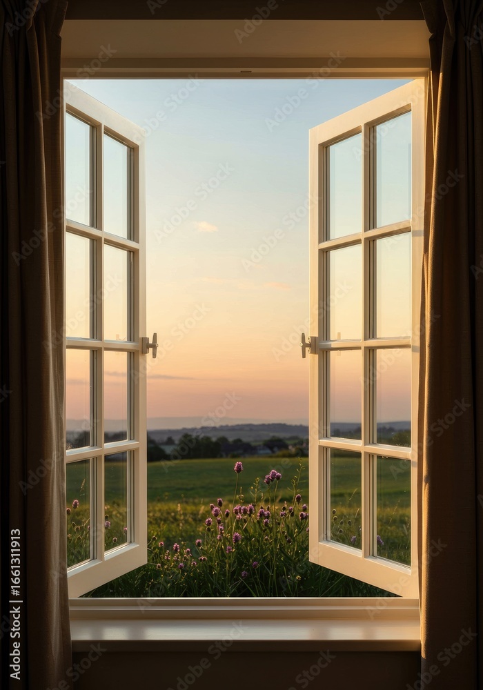 Fototapeta premium Open window, sunrise view of fields