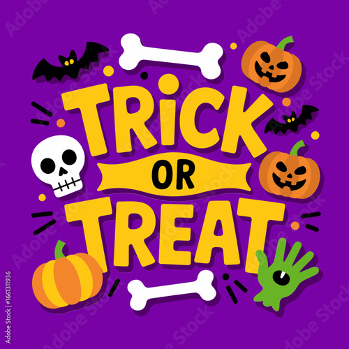 Trick or treat purple square with pumpkin skull bones slime hand spooky Halloween typography sticker poster t shirt vector