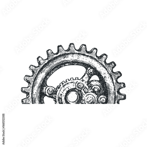 Intricate Gear Mechanism with Detailed Engraving and Rivets