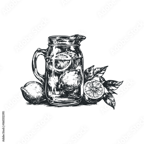 Hand-drawn sketch of a glass pitcher filled with water and lemons